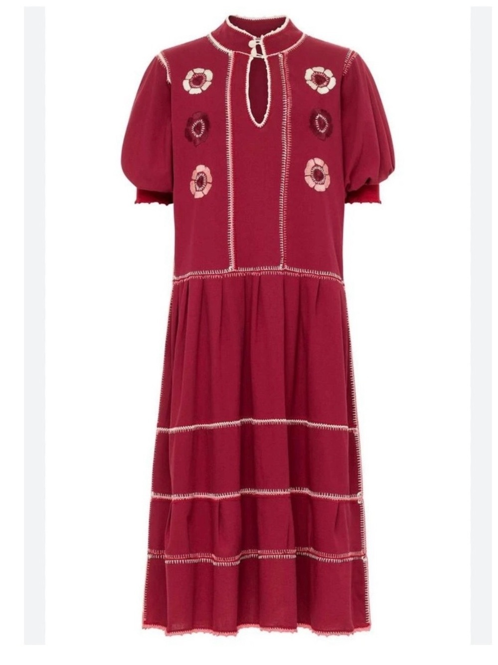 CAROLINA K hand made cotton Burgundy Floral Embroidered Tiered Dress Sz L